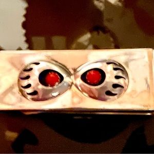 Navajo Handmade Sterling Bear Paw Shadow Box 
Money Clip W/ Two Coral Stones